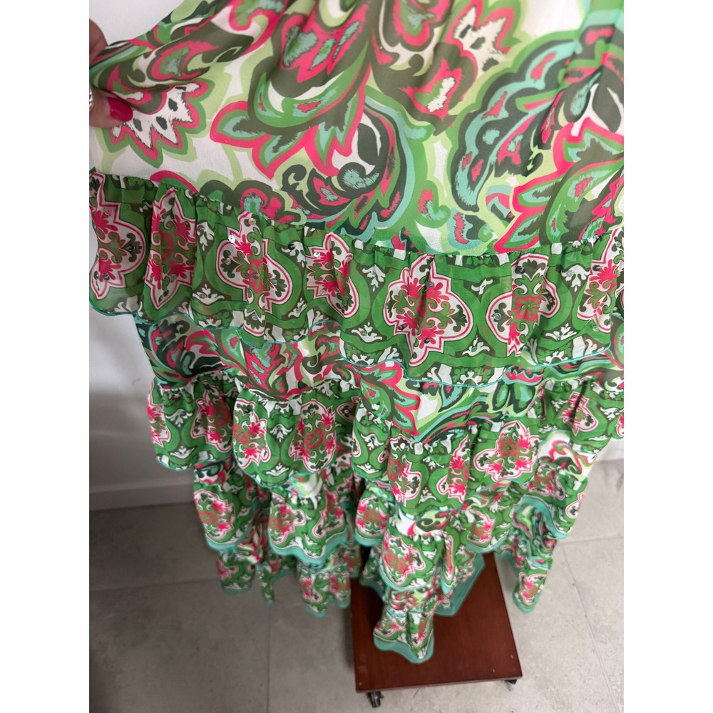Boston Proper Palma de Scrolls Print Ruffle Maxi Dress Green Pink Sequin Size M - Picture 9 of 13